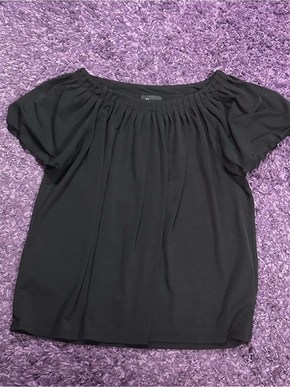 AB Studio Black Pleated Scoop Neck Short Flowy Sleeve Blouse Size XL